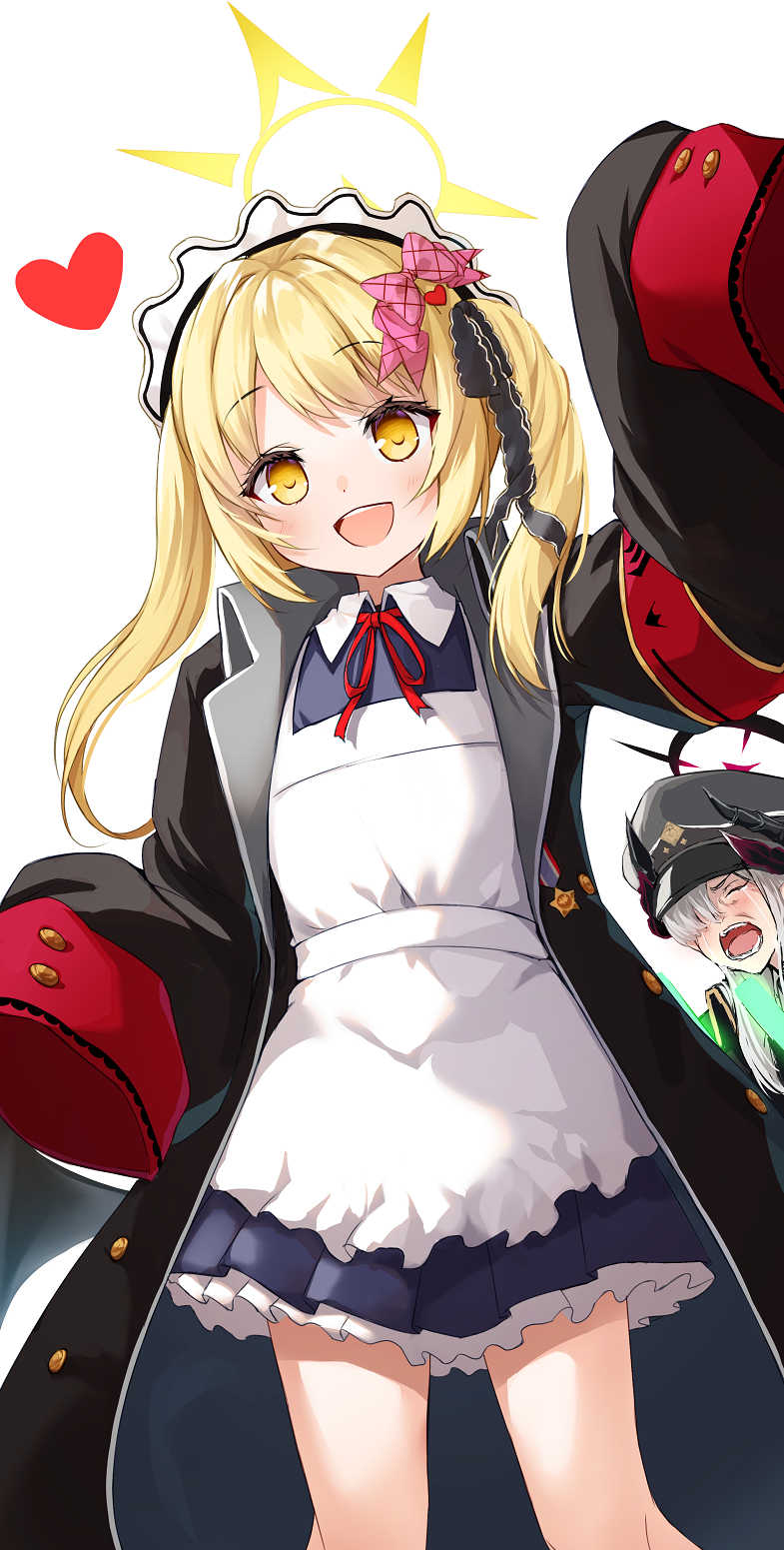 2girls apron black_coat black_headwear black_horns blonde_hair blue_archive blush coat demon_horns halo hat heart highres horns ibuki_(blue_archive) long_hair long_sleeves makoto_(blue_archive) merxkialis multiple_girls open_mouth peaked_cap simple_background sleeves_past_fingers sleeves_past_wrists smile twintails white_apron white_background white_hair yellow_eyes yellow_halo