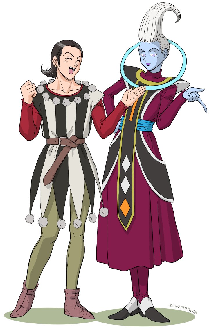 2boys black_hair blue_skin brown_footwear colored_skin commentary_request creator_connection crossover dated dragon_ball dragon_ball_super dragon_quest dragon_quest_xi dress hand_on_own_hip male_focus multiple_boys open_mouth purple_dress purple_eyes shinobibe_himika shirt shoes signature smile striped_clothes striped_shirt sylvia_(dq11) whis white_hair