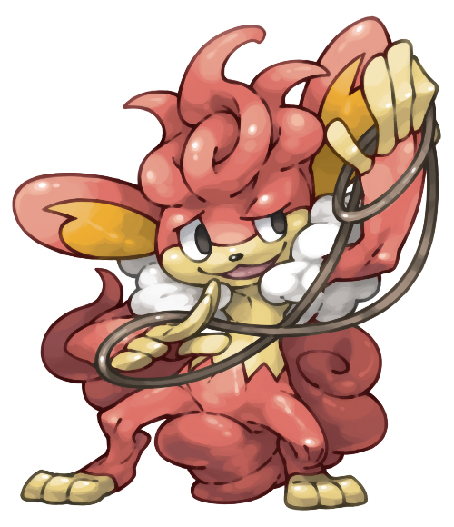 :3 commentary_request full_body gen_5_pokemon half-closed_eye hand_up holding legs_apart nintendo no_humans open_mouth pearl7 pokemon pokemon_(creature) pokemon_focus rope simisear simple_background smile solo standing uneven_eyes white_background
