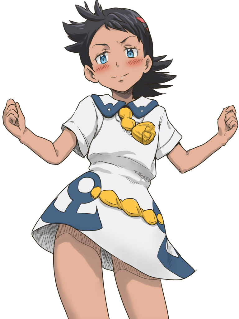 1boy awa black_hair blue_eyes blush clenched_hands closed_mouth collared_dress commentary_request crossdressing crossdressing_(mtf) dress eyelashes goh_(pokemon) male_focus medium_hair nintendo pokemon pokemon_(anime) pokemon_journeys school_uniform short_sleeves simple_background smile solo split_mouth vermilion_city_school_uniform white_background white_dress