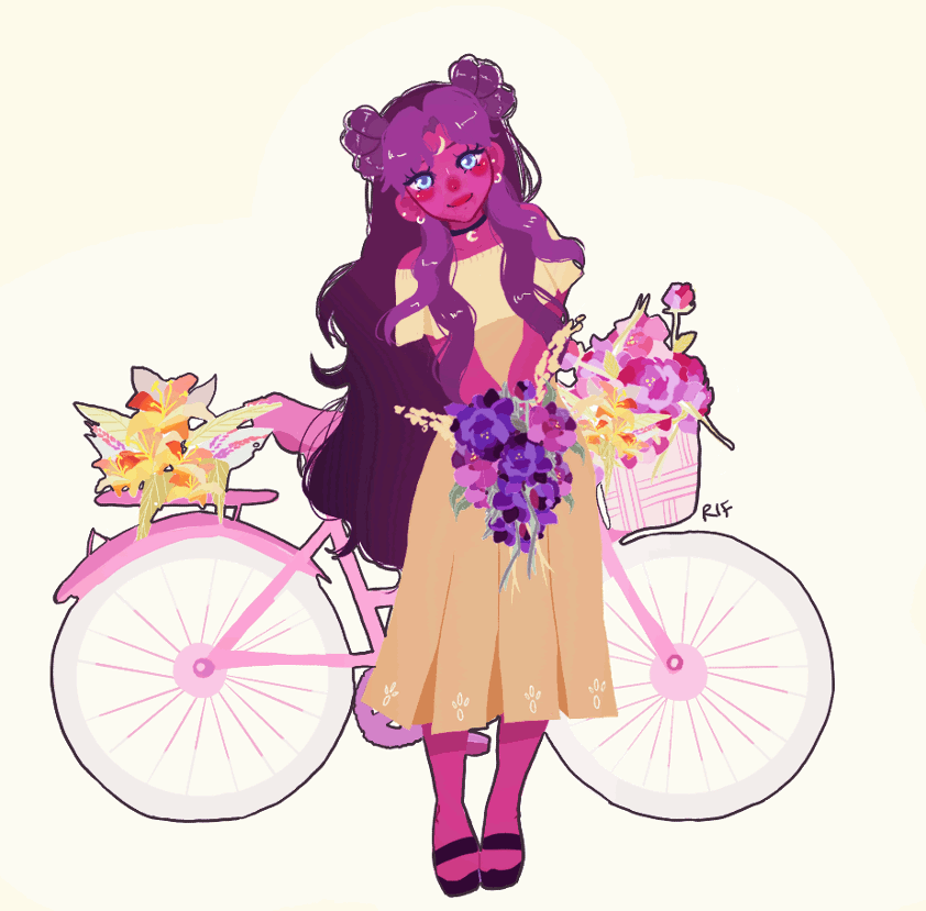 1girl animated animated_gif bicycle bishoujo_senshi_sailor_moon black_hair blue_eyes bouquet choker crescent_moon dark-skinned_female dark_skin dress facial_mark flower forehead_mark full_body long_hair looking_at_viewer luna_(sailor_moon) luna_(sailor_moon)_(human) moon parted_bangs rif_(rif-art) simple_background solo very_long_hair wavy_hair white_background yellow_dress