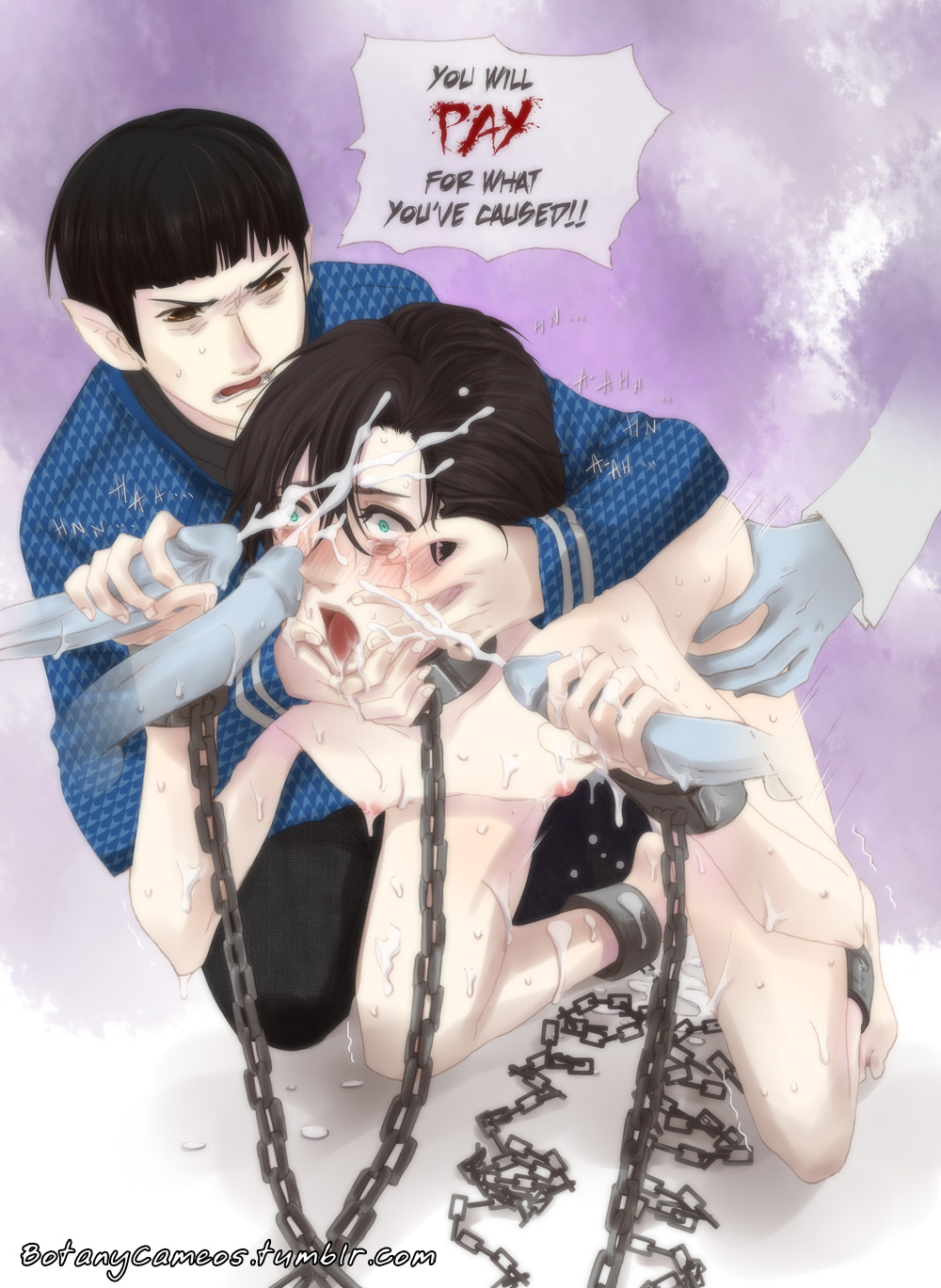 abuse bukkake cum highres khan_noonien_singh nude penis penis_grab spock star_trek starfleet_uniform tagme vulcan yaoi