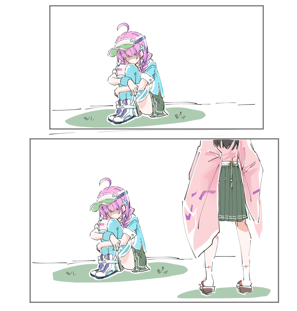 2girls ahoge black_hair braid date_akari hair_ornament heaven_burns_red hugging_own_legs long_hair multicolored_hair multiple_girls nikaidou_misato purple_hair rantan_0925 sitting skirt sportswear streaked_hair tennis_uniform twin_braids visor_cap wide_sleeves