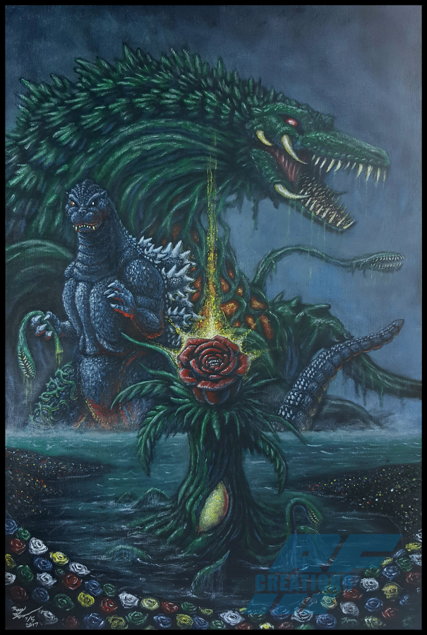 acrylic_paint_(medium) biollante cut_content flower fog giant giant_monster godzilla godzilla_(series) godzilla_vs._biollante kaiju lake lake_ashi lake_monster monster night no_humans painting_(medium) ray_fromme real_world_location rose sea_monster traditional_media transformation water
