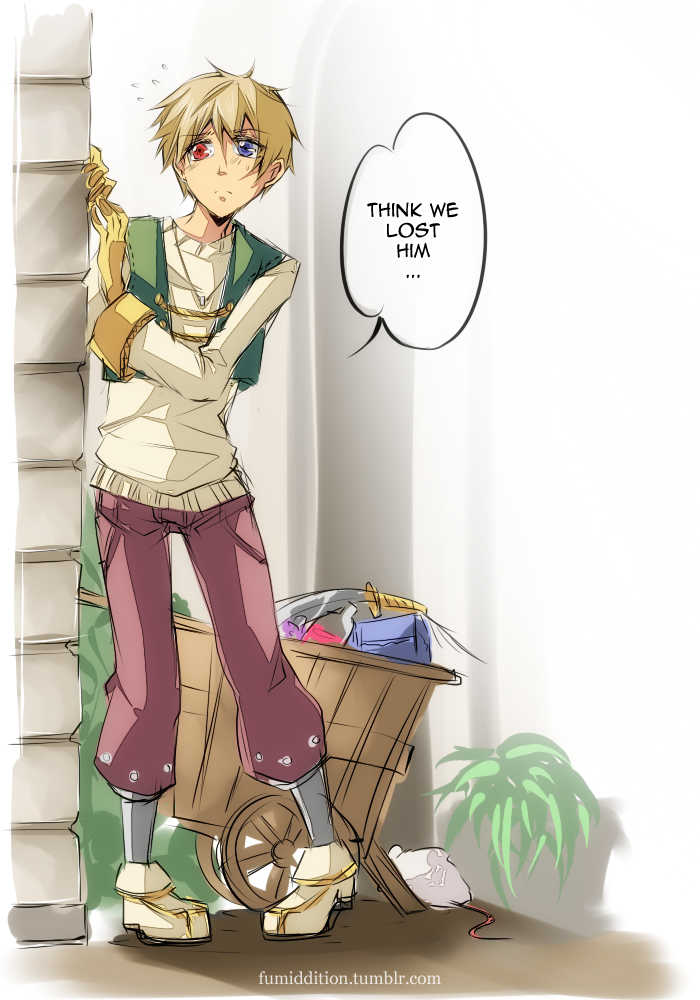 1boy blonde_hair blue_eyes brown_gloves brown_pants closed_mouth commentary english_commentary english_text full_body fumiddition gloves green_vest grey_socks heterochromia long_sleeves male_focus merchant_(ragnarok_online) mouse_(animal) open_clothes open_vest pants pullcart ragnarok_online red_eyes shirt shoes short_hair socks solo vest watermark web_address white_shirt white_shoes