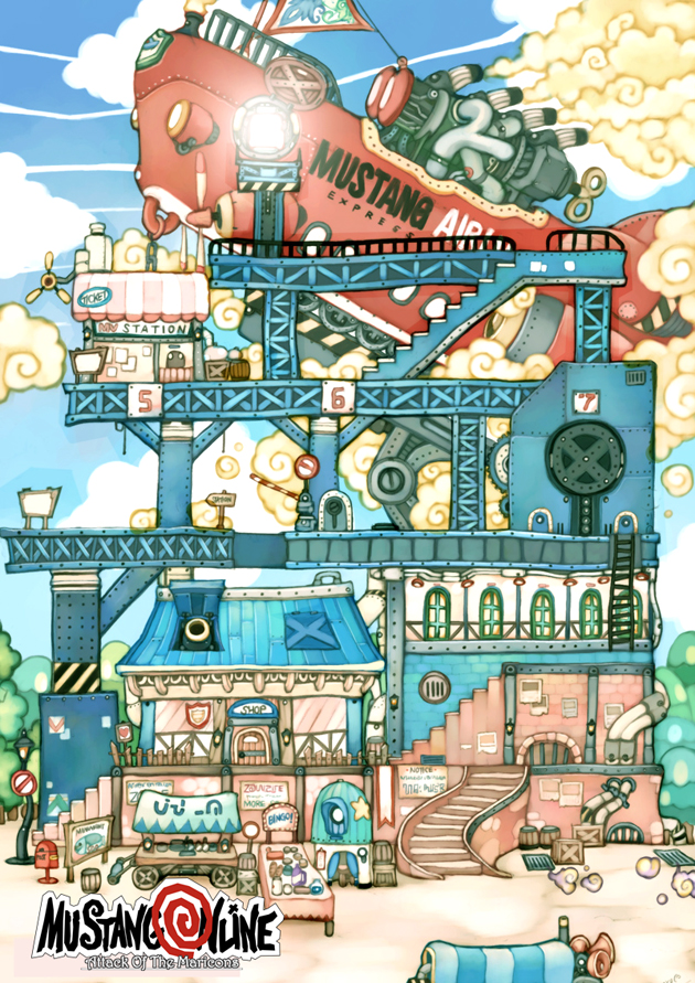 aircraft airship barrel blue_sky box building cloud commentary_request cyanporoco day korean_commentary lamppost market_stall no_entry_sign no_humans original outdoors road_sign scaffolding sign sky smoke star_(symbol) steam table window