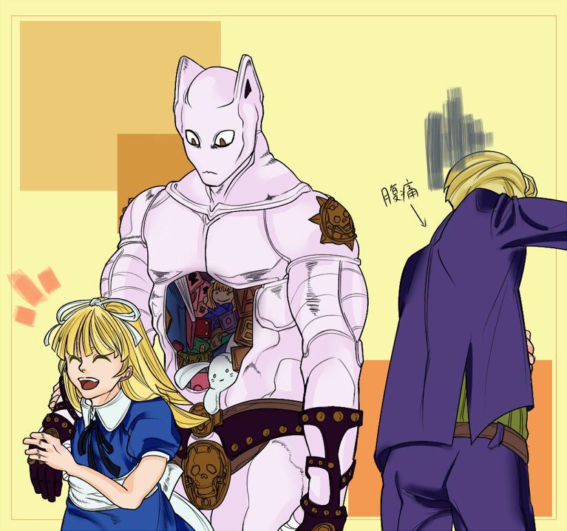 1girl alice_(megami_tensei) animal_ears bananachips black_ribbon blonde_hair blue_dress book commentary_request crossover demon_(megami_tensei) diamond_wa_kudakenai dress formal_clothes hair_ribbon holding_another&#039;s_arm jojo_no_kimyou_na_bouken killer_queen kira_yoshikage long_hair looking_down looking_to_the_side m.u.g.e.n pinstripe_pattern pinstripe_shirt purple_suit ribbon shin_megami_tensei shirt smile stand_(jojo) stomach_ache stuffed_animal stuffed_toy suit white_ribbon yellow_background