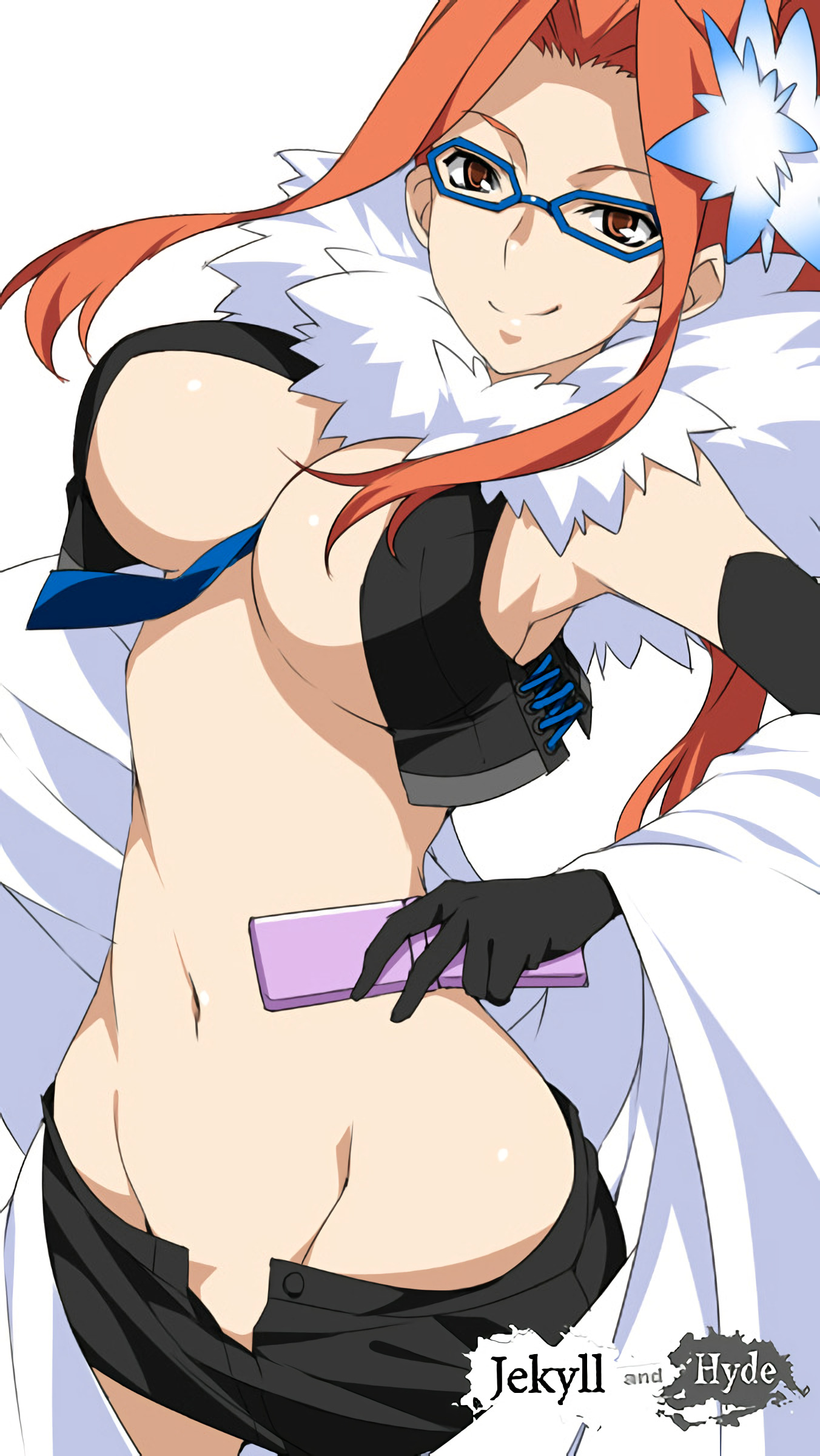 1girl absurdres breasts cellphone devil_survivor_(series) devil_survivor_2 female_focus glasses gloves groin highres kujou_hinako large_breasts long_hair lowleg matching_hair/eyes miniskirt mizuki_makoto narrow_waist navel no_bra no_panties open_fly orange_eyes orange_hair phone skirt solo stomach