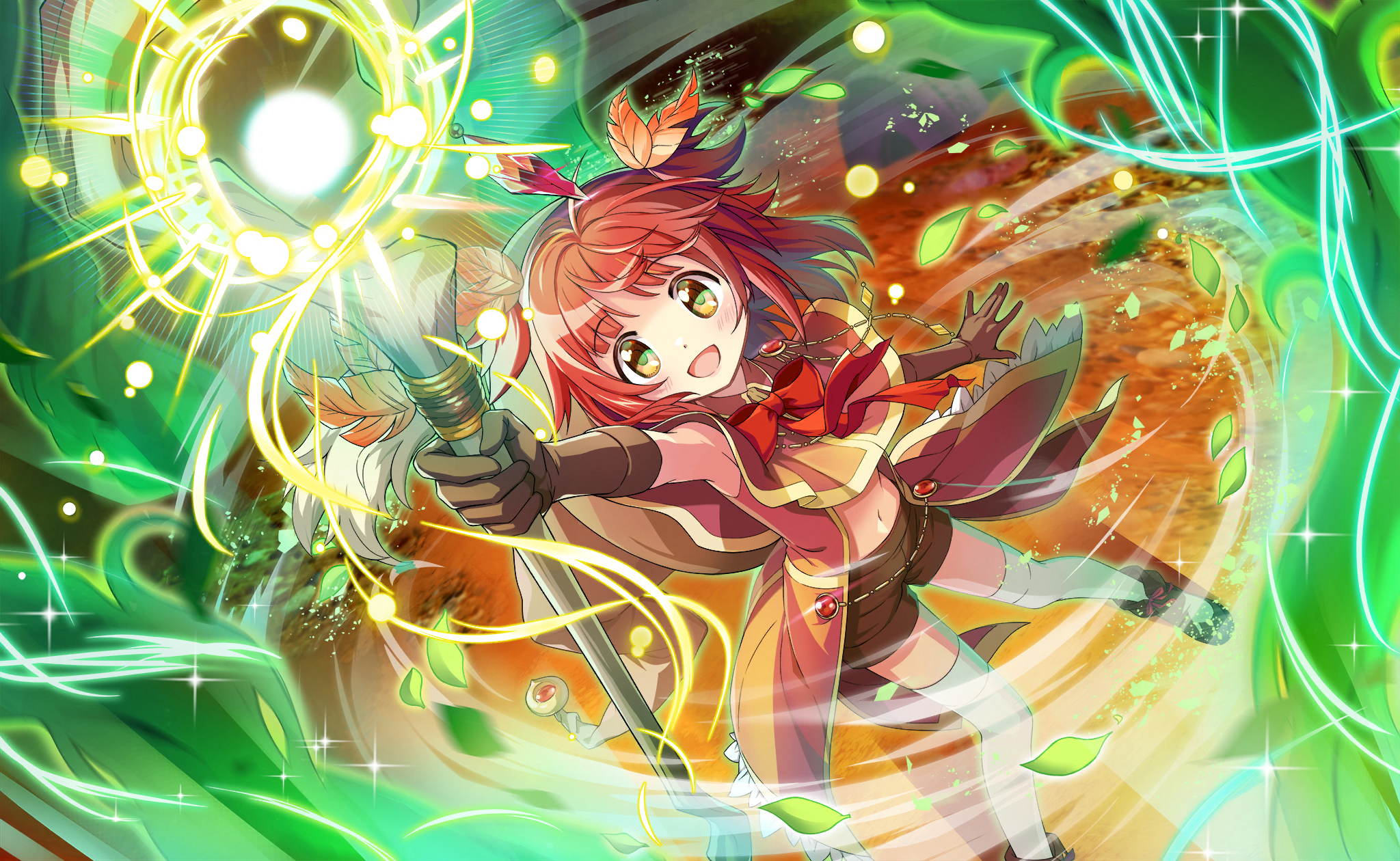 1girl akino_kaede artist_request autumn_leaves bare_shoulders black_boots black_gloves boots bow bowtie brown_hat brown_shorts capelet casting_spell clothing_cutout coat collar dot_nose elbow_gloves floating_clothes floating_hair footwear_bow frilled_collar frills from_above full_body game_cg gloves hair_ornament happy hat hat_on_back highres leaf leaf_hair_ornament light_blush light_particles long_hair looking_at_viewer magia_record:_mahou_shoujo_madoka_magica_gaiden magical_girl mahou_shoujo_madoka_magica mahou_shoujo_madoka_magica_magia_exedra navel official_art open_clothes open_coat open_mouth orange_capelet orange_coat orange_eyes red_bow red_bowtie red_hair shorts sleeveless sleeveless_coat smile solo sparkle standing stomach_cutout tareme thighhighs two_side_up white_thighhighs wind witch's_labyrinth witch_hat