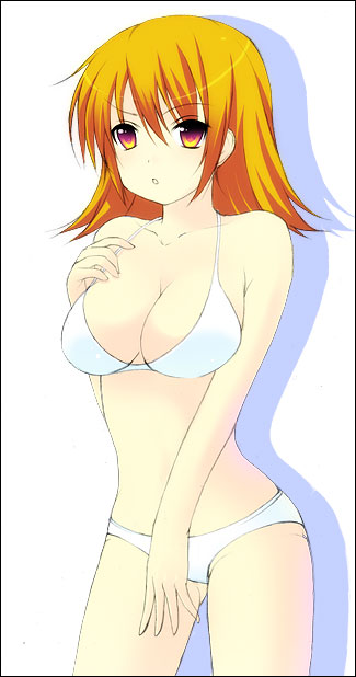 1990s_(style) 1girl bare_shoulders bikini breasts cleavage female_focus final_fantasy final_fantasy_iii kyoku_tou large_breasts long_hair matching_hair/eyes orange_eyes orange_hair refia solo swimsuit white_background