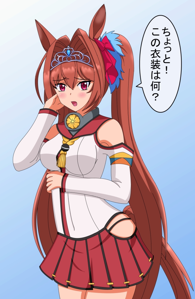 1girl animal_ears black_panties blouse blue_background blush_stickers bow brown_hair clothing_cutout commentary cosplay cowboy_shot daiwa_scarlet_(umamusume) detached_sleeves frown gorget grey_headwear hair_ornament hand_in_own_hair hand_on_own_chest hiromon horse_ears horse_girl horse_tail kantai_collection long_hair long_sleeves looking_at_viewer name_connection neckerchief open_mouth panties pleated_skirt purple_eyes red_bow red_skirt shirt shoulder_cutout side_cutout skirt solo standing string_panties tail tiara translated umamusume underwear white_shirt yamato_(kancolle) yamato_(kancolle)_(cosplay) yellow_neckerchief