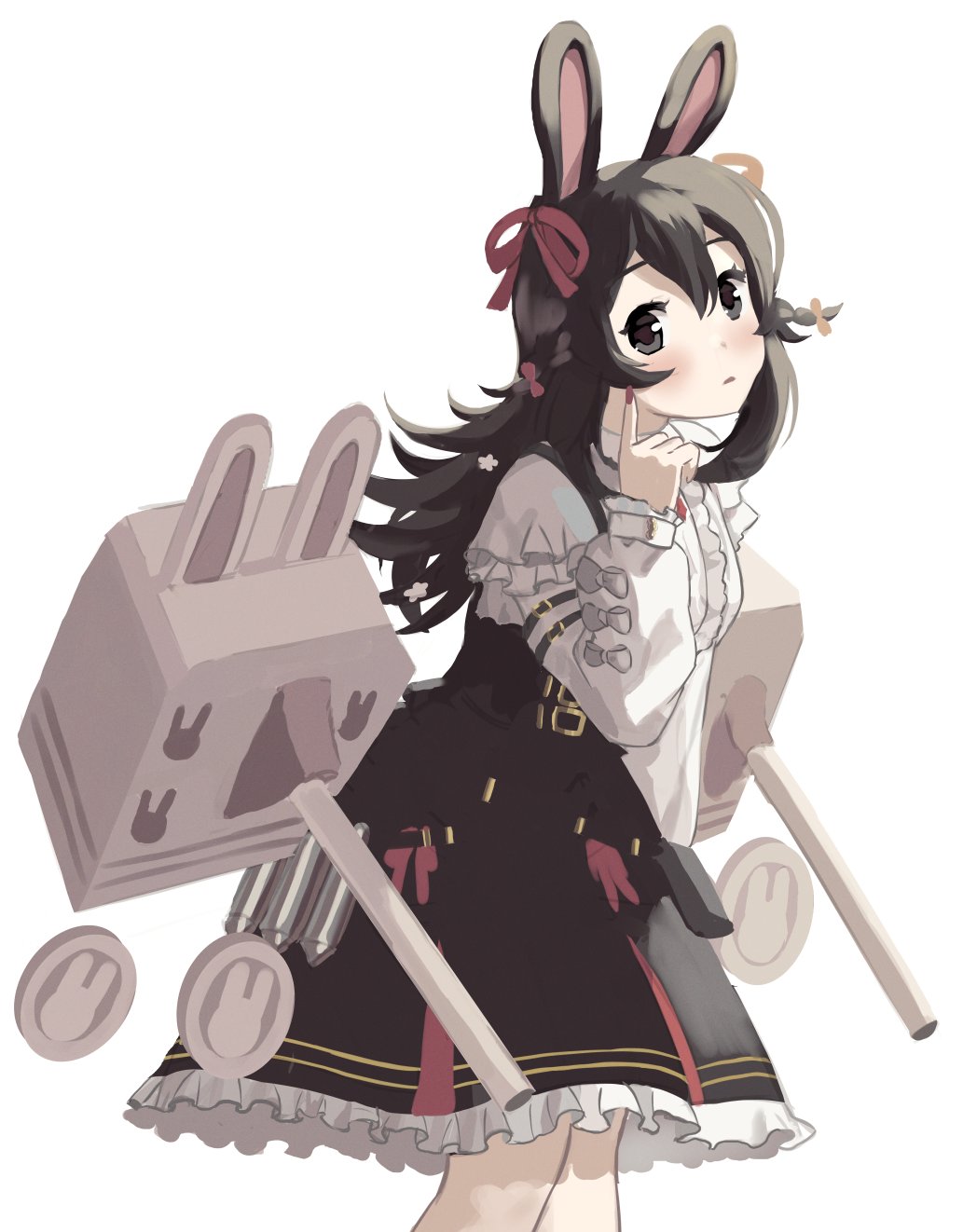 1girl animal_ears black_dress black_eyes black_hair bow cannon capelet center_frills dress frills from_side hair_bow hair_ribbon head_tilt highres light_blush long_hair long_sleeves looking_at_viewer nail_polish official_alternate_costume official_alternate_hair_color parted_lips phase_connect pinafore_dress pipkin_pippa pipkin_pippa_(shipkin_shippa) puffy_long_sleeves puffy_sleeves rabbit_ears rabbit_girl red_bow red_nails red_ribbon ribbon rigging sayuui shirt sleeve_bow sleeveless sleeveless_dress solo standing virtual_youtuber white_bow white_shirt