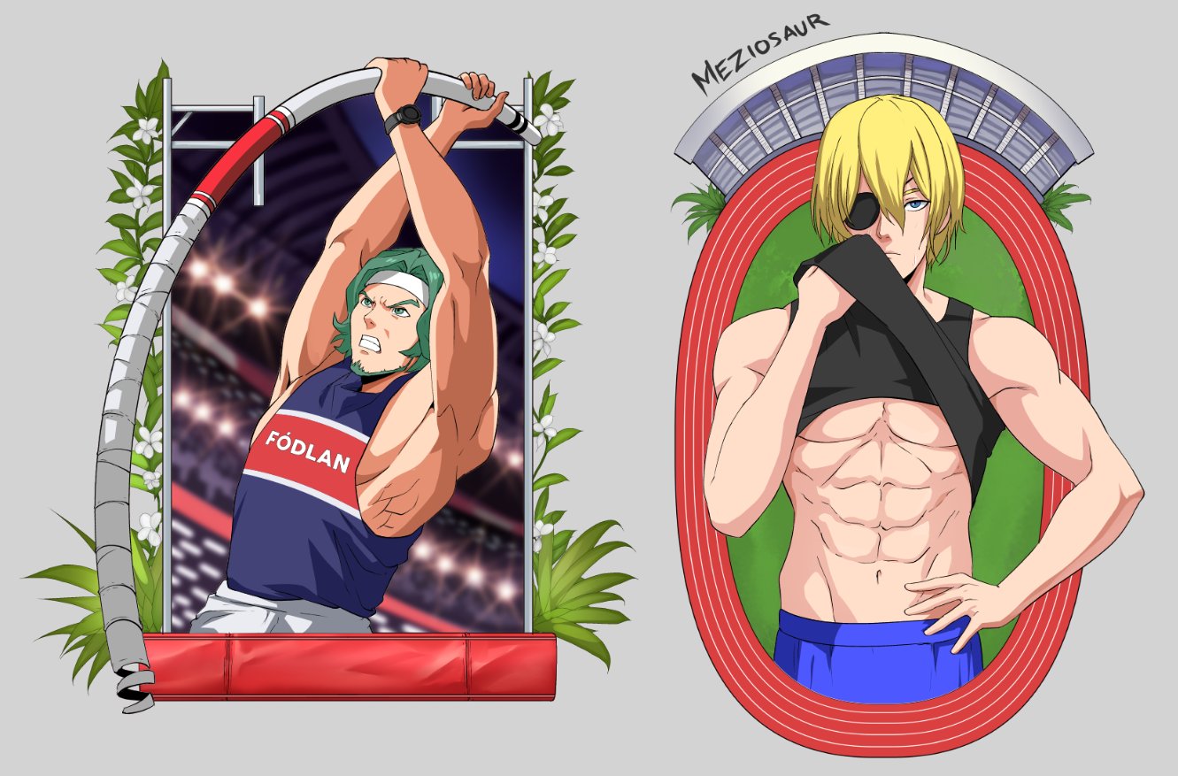 2boys abs bare_pectorals beard blonde_hair blue_eyes clenched_teeth clothes_lift commentary dimitri_alexandre_blaiddyd dimitri_alexandre_blaiddyd_(timeskip) english_commentary eyepatch facial_hair fire_emblem fire_emblem:_three_houses green_eyes green_hair headband lifting_own_clothes male_focus meziosaur multiple_boys navel nintendo pectorals pole_vault seteth_(fire_emblem) shirt_lift sidepec tank_top teeth toned toned_male underpec