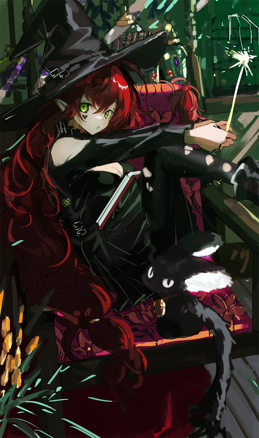1girl arms_on_knees bare_shoulders black_boots black_dress black_hat black_pants book boots breasts carpet cleavage commentary_request creature dress facial_tattoo full_body green_eyes hair_between_eyes hat heart heart_tattoo highres holding holding_fireworks indoors long_hair looking_at_viewer medium_breasts nana_tetra on_chair open_mouth original pants pointy_ears red_hair sitting solo tattoo torn_clothes torn_pants very_long_hair witch witch_hat wooden_floor