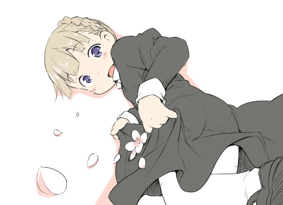 1girl ass black_dress black_shoes blonde_hair braid character_request clothes_lift copyright_request crown_braid dress dress_lift flat_chest flower ham_(points) juliet_sleeves lifting_own_clothes long_sleeves looking_at_viewer pantyhose pantylines petals puffy_sleeves purple_eyes shoes short_hair simple_background sleeve_cuffs solo white_background white_pantyhose