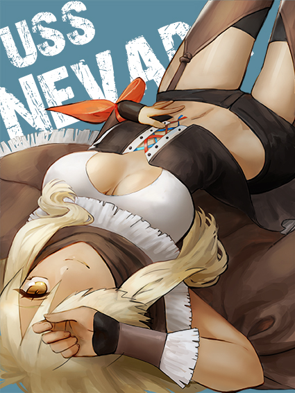 1girl azur_lane blonde_hair breasts chaps character_name clothing_cutout corset female_focus fingerless_gloves gloves hair_between_eyes hair_over_one_eye long_hair lying medium_breasts navel nevada_(azur_lane) nevada_(retrofit)_(azur_lane) nini_(gina852456) on_back scarf short_shorts shorts solo thighs underboob_cutout yellow_eyes