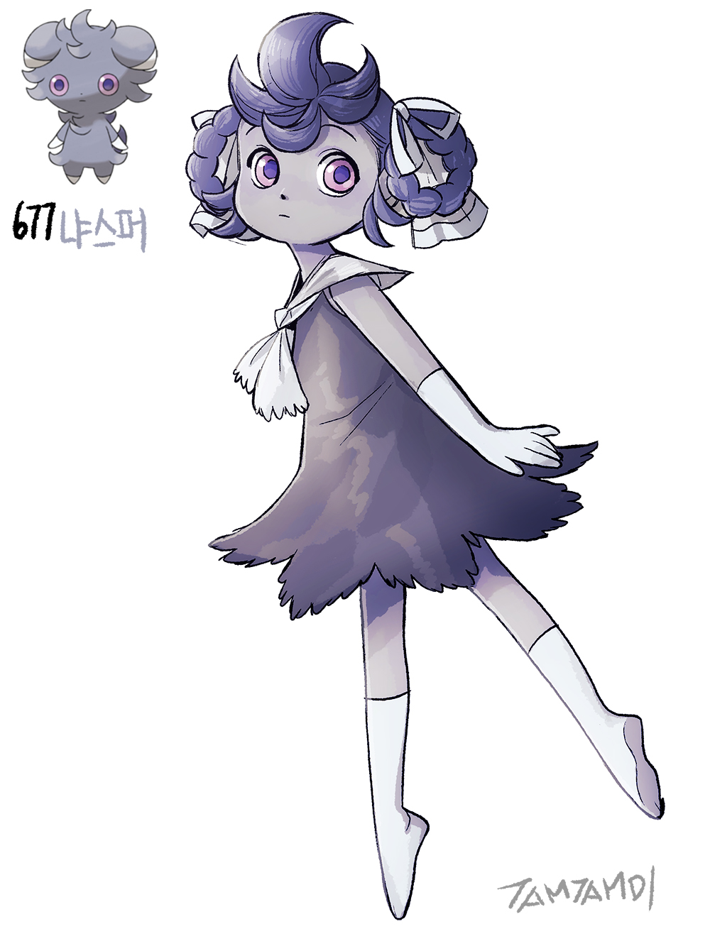 1girl arms_at_sides artist_name ascot closed_mouth creature_and_personification dress espurr full_body game_freak gen_6_pokemon gloves hair_rings highres korean_commentary looking_at_viewer nintendo personification pokemon pokemon_(creature) purple_dress purple_eyes purple_hair reference_inset short_hair signature simple_background tamtamdi white_ascot white_background white_footwear white_gloves