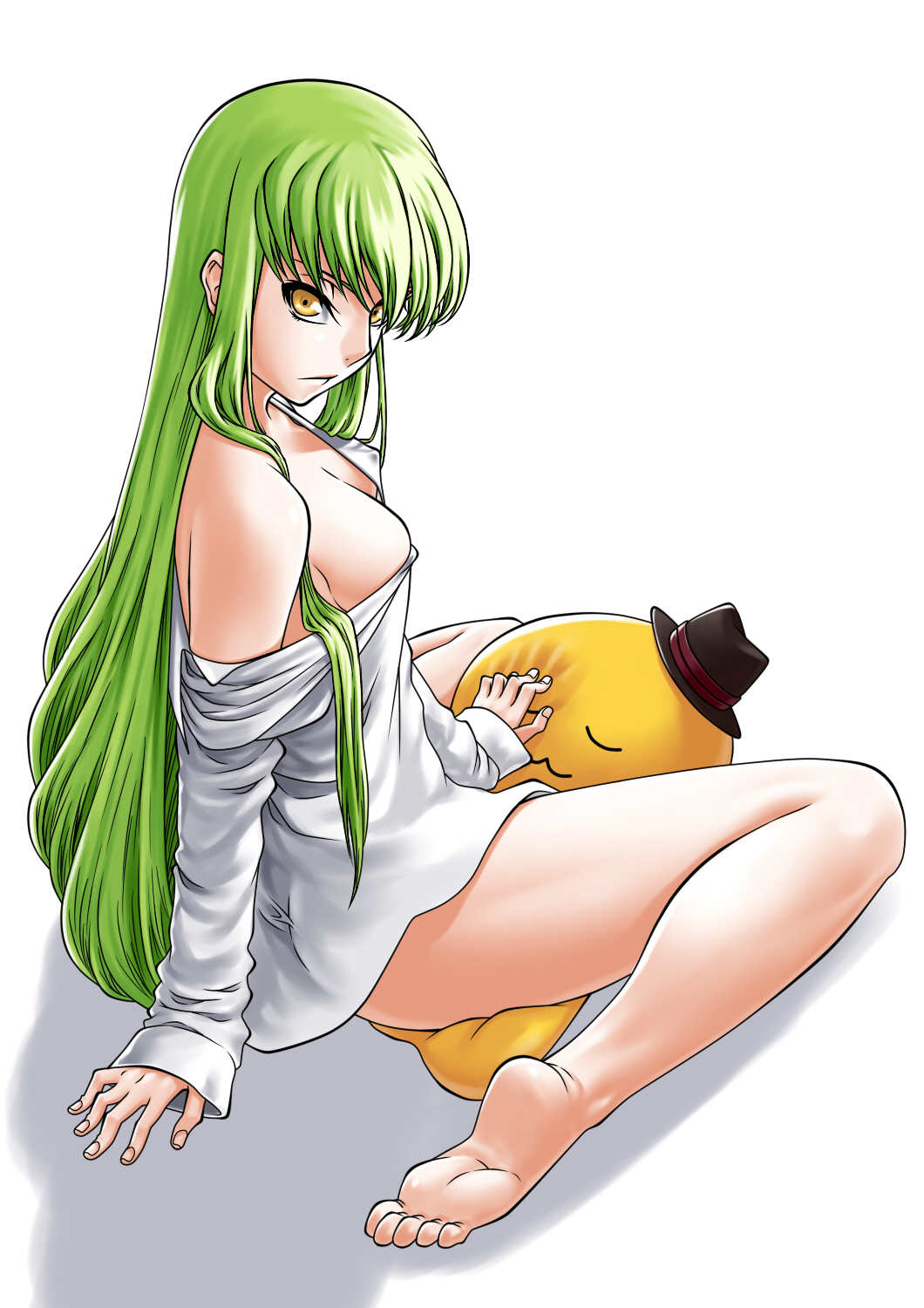 1girl barefoot bleachist breasts c.c. cheese-kun cleavage code_geass female_focus green_hair grinding highres hirotaka long_hair off_shoulder shirt solo t-shirt white_background yellow_eyes