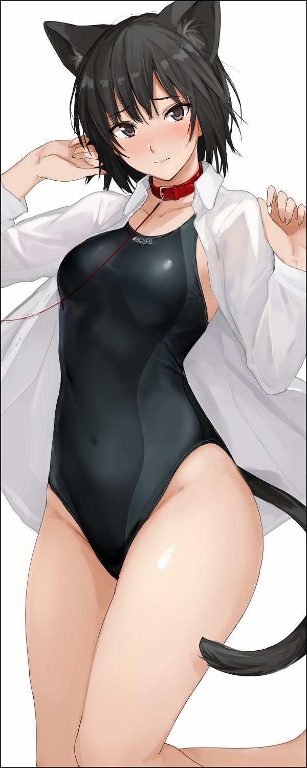1girl amagami animal_collar animal_ear_fluff animal_ears bed_sheet black_hair black_one-piece_swimsuit blush breasts brown_eyes cat_ears cat_tail collar commentary competition_swimsuit fake_animal_ears highres kemonomimi_mode leash light_smile looking_at_viewer lying medium_breasts mobu nanasaki_ai on_back one-piece_swimsuit open_clothes open_shirt red_collar shirt short_hair simple_background solo swimsuit tail thighs white_background white_shirt