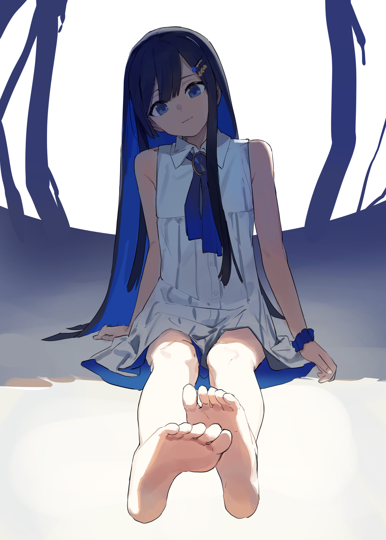 1girl abstract_background barefoot black_hair blue_background blue_eyes blue_hair blue_ribbon brooch cevio closed_mouth collared_dress colored_inner_hair commentary_request dress feet foot_focus full_body futaba_minato hair_ornament hairclip head_tilt highres hitogome jewelry light_smile long_hair looking_at_viewer multicolored_hair neck_ribbon outstretched_legs ribbon scrunchie shade sitting sleeveless sleeveless_dress solo two-tone_background white_background white_dress wrist_scrunchie