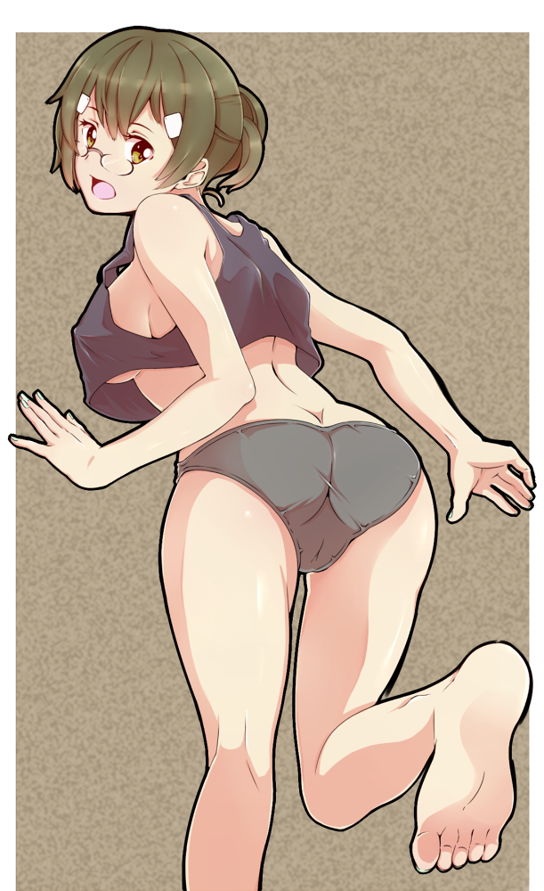 ass breasts brown_hair feet glasses green_eyes kneepits koganuma_minori legs mu_minn_papa open_mouth outbreak_company cameltoe underboob underwear