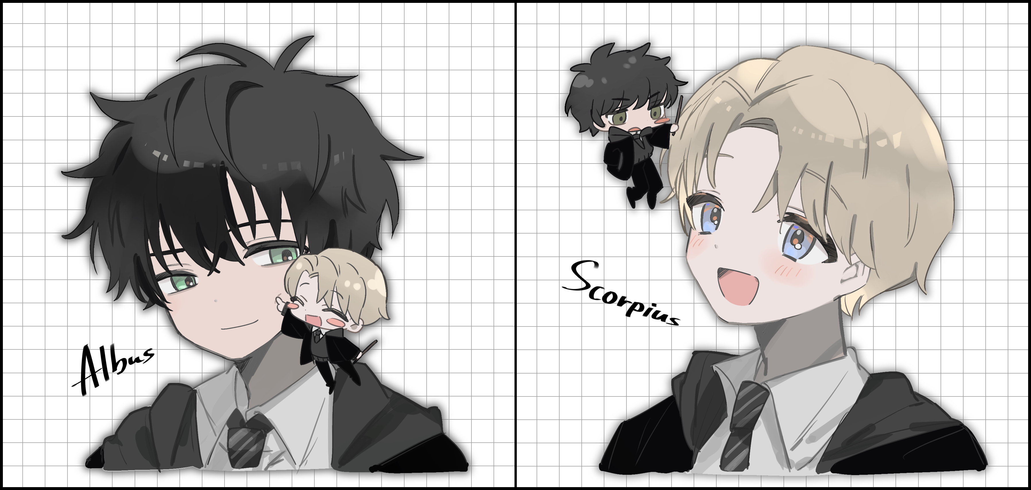 2boys absurdres albus_severus_potter black_hair black_robe blonde_hair blue_eyes chibi green_eyes hanana_(ymbk_sb) harry_potter_(series) harry_potter_and_the_cursed_child highres hogwarts_school_uniform multiple_boys necktie robe school_uniform scorpius_malfoy short_hair slytherin striped_necktie wizarding_world