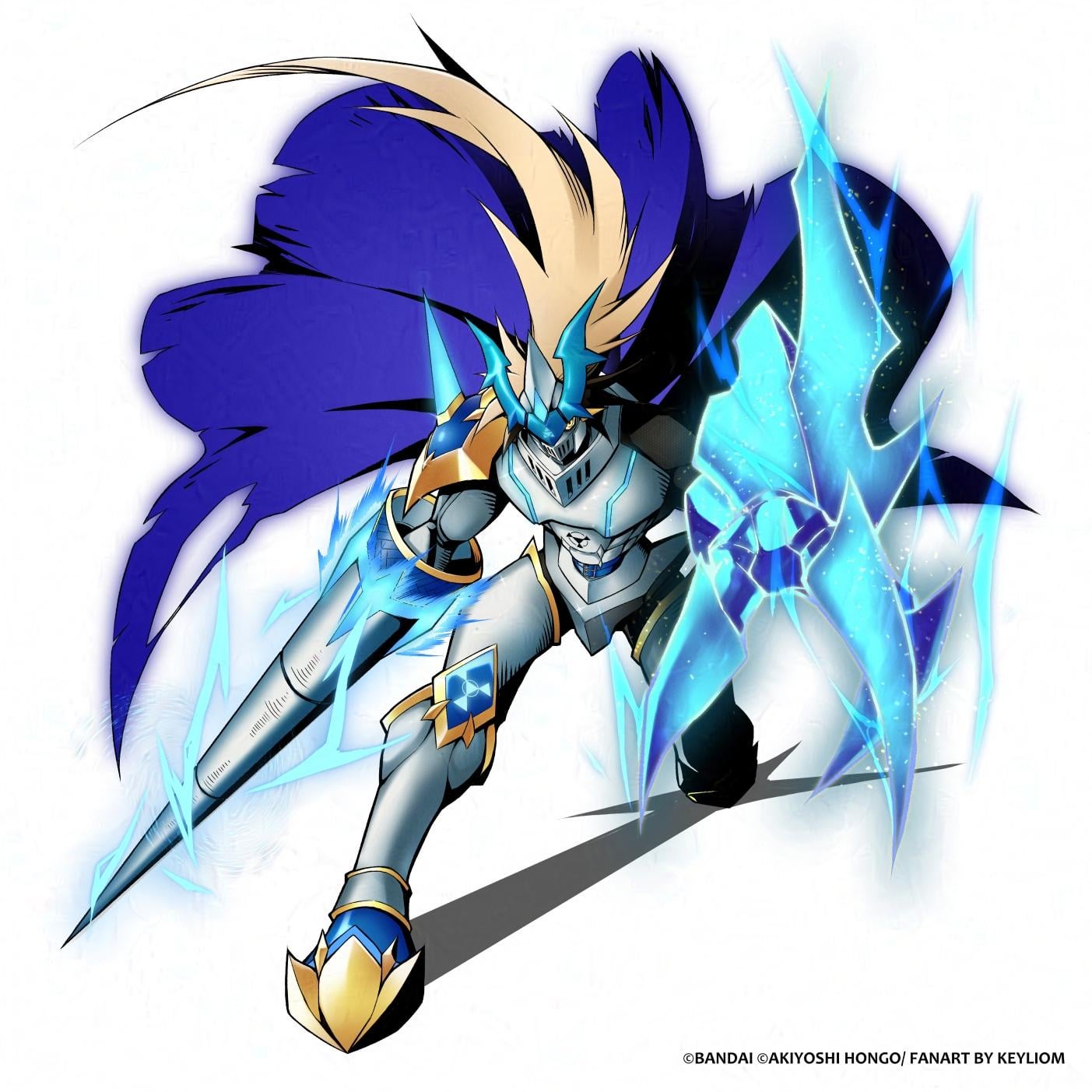 armor cape chaosdukemon chaosdukemon_core digimon digimon_(creature) digital_hazard dukemon energy highres lance oridigi polearm shadow weapon