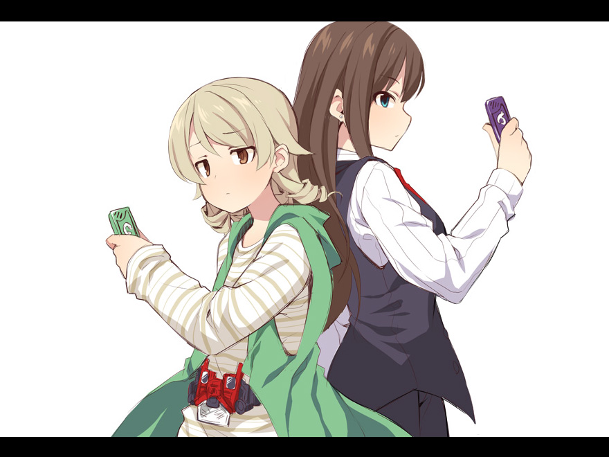 2girls black_pants black_vest blue_eyes brown_eyes brown_hair closed_mouth cosplay double_driver gaia_memory green_jacket henshin_pose hidari_shoutarou hidari_shoutarou_(cosplay) holding hood hood_down hooded_jacket idolmaster idolmaster_cinderella_girls jacket kamen_rider kamen_rider_w letterboxed long_hair morikubo_nono multiple_girls open_clothes open_jacket pants philip_(kamen_rider) philip_(kamen_rider)_(cosplay) profile revision ringlets shibuya_rin shirt simple_background sleeveless sleeveless_jacket striped_clothes striped_shirt uccow very_long_hair vest white_background white_shirt