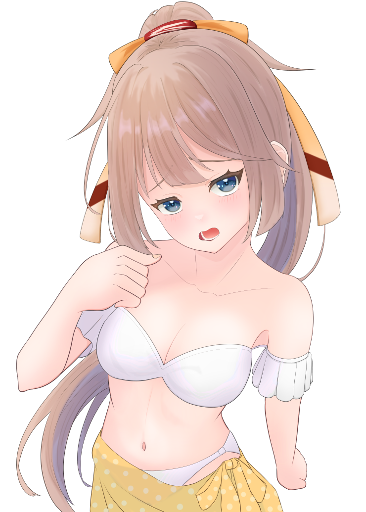 1girl bikini blue_eyes breasts brown_hair cleavage detached_sleeves gucchi_(gucchi_zuizui) hair_ribbon kantai_collection kazagumo_(kancolle) kazagumo_kai_ni_(kancolle) kazagumo_kai_ni_(swimsuit)_(kancolle) long_hair polka_dot polka_dot_sarong ponytail ribbon sarong simple_background small_breasts solo strapless strapless_bikini swimsuit white_background white_bikini yellow_sarong