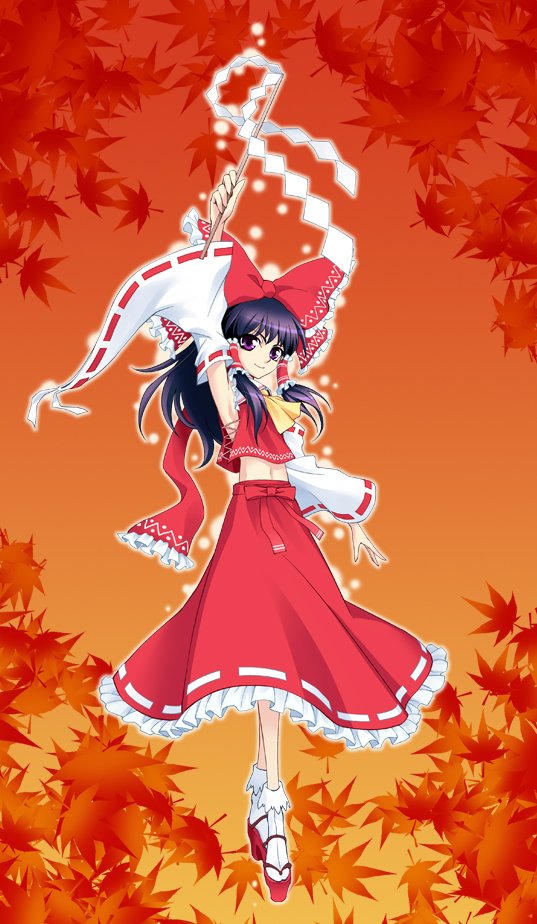 1girl 666nao ascot black_hair bow clog_sandals detached_sleeves female_focus fujisawa_naoyuki gohei hair_bow hakurei_reimu japanese_clothes long_hair miko okobo platform_sandals purple_eyes sandals solo touhou