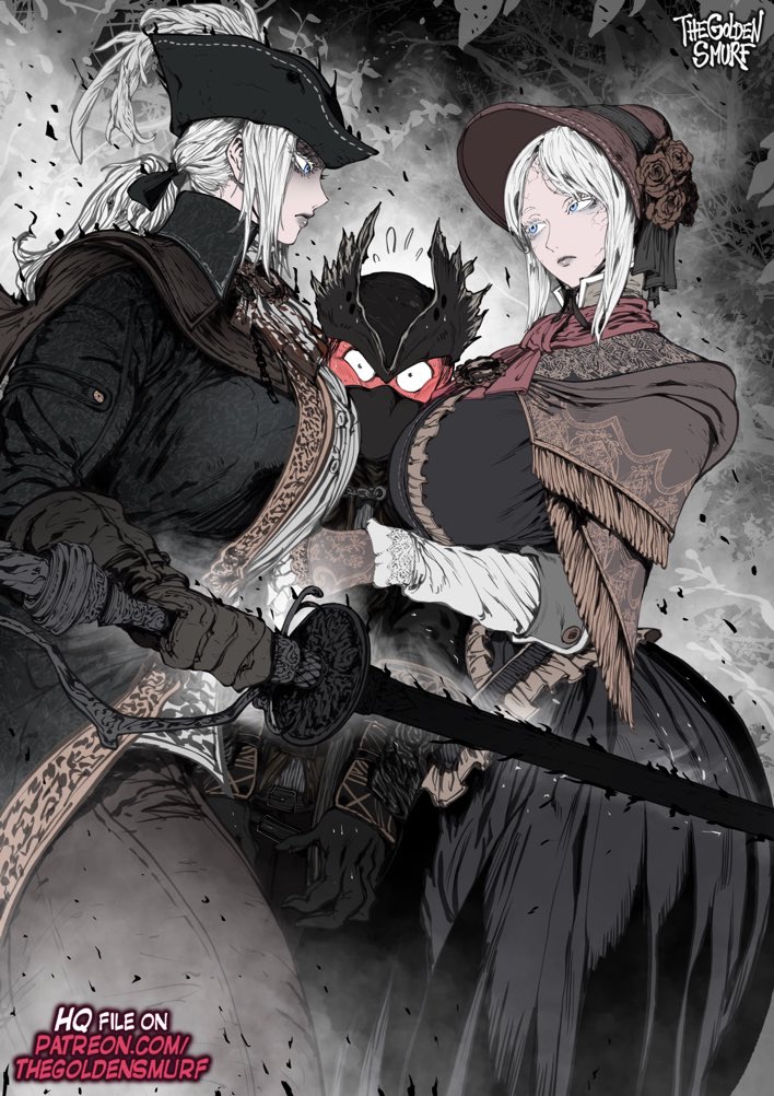 1boy 2girls alternate_breast_size artist_name ascot black_gloves blood blood_on_clothes blood_stain bloodborne blue_eyes blush bonnet breasts brown_bonnet brown_cloak chain cloak closed_mouth coat commentary cracked_skin doll_joints double_blade english_commentary english_text face_to_breasts flower fromsoftware full-face_blush gem gloves hat hat_feather holding holding_weapon hunter_(bloodborne) joints lady_maria_of_the_astral_clocktower large_breasts long_hair long_sleeves mask mouth_mask multiple_girls plain_doll ponytail rakuyo_(bloodborne) red_ascot red_bonnet rose short_hair tall_female the_golden_smurf tricorne weapon white_ascot white_hair
