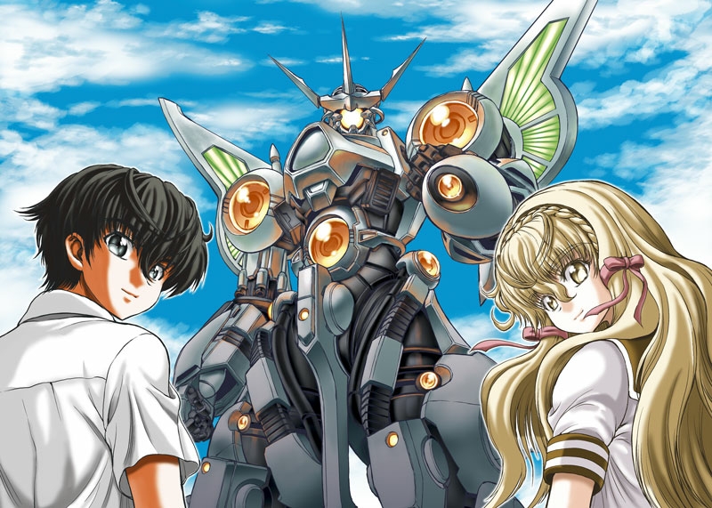 1boy 1girl black_eyes black_hair blonde_hair clenched_hands cloud collared_shirt glowing glowing_eye hades_project_zeorymer hades_project_zeorymer_omega head_tilt looking_at_viewer looking_back mecha official_art robot school_uniform science_fiction serafuku shirt sky super_robot tsukishima_masaki watari_yuu_(watari65u) watase_miku white_shirt yellow_eyes zeorymer_x