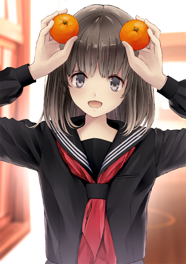 1girl bad_id bad_pixiv_id black_eyes blurry blurry_background brown_hair chikuwa_(glossymmmk) chikuwa_(odennabe) female_focus food fruit holding holding_food holding_fruit looking_at_viewer mandarin_orange open_mouth orange_(fruit) scarf school_uniform serafuku solo