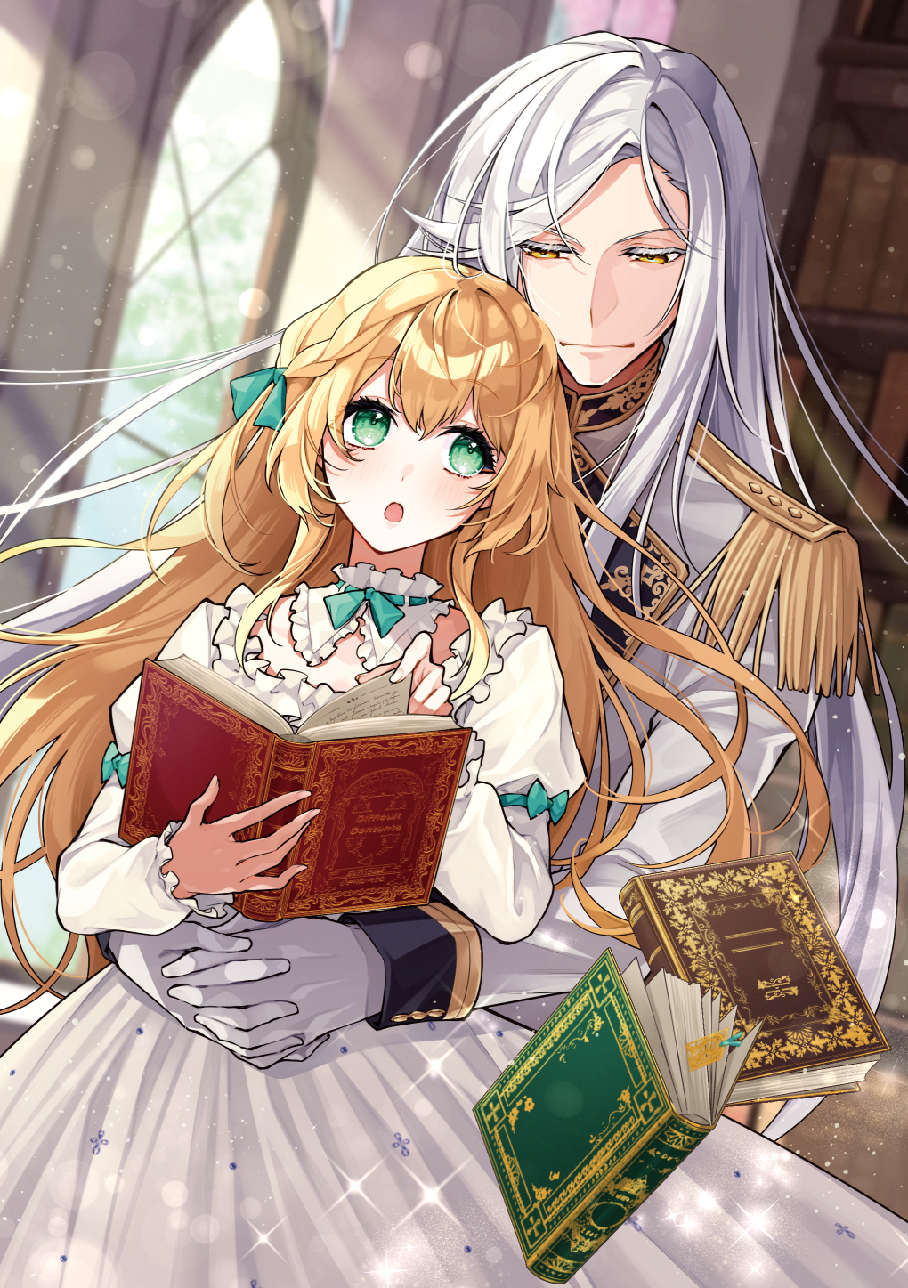 1boy 1girl :o aqua_bow aqua_ribbon blonde_hair book bookmark bookshelf bow braid closed_mouth colored_eyelashes cover cover_page cuff_links day detached_collar dress epaulettes eye_contact feet_out_of_frame french_braid frilled_dress frilled_sleeves frills gloves gold_trim gown green_eyes hair_between_eyes hair_ribbon highres holding holding_book hug hug_from_behind ichino_tomizuki indoors jacket juliet_sleeves kouri_no_kishi-sama_wa_hon_sukina_reijou_o_koi_motomeru lapels lens_flare light_particles long_sleeves looking_at_another novel_cover official_art open_book puffy_sleeves ribbon sideways_glance sleeve_bow sleeve_cuffs standing sunlight swept_bangs white_dress white_gloves white_hair white_jacket window yellow_eyes