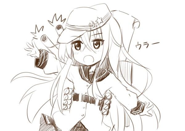 10s 1girl adjusting_clothes female_focus hair_between_eyes hammer_and_sickle hat hibiki_(kancolle) kantai_collection long_hair monochrome personification silent_sakia solo verniy_(kancolle)