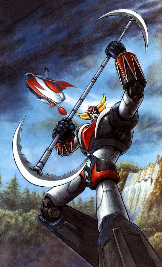 clenched_hands grendizer holding holding_weapon horns looking_at_viewer mazinger_(series) mecha mecha_focus nakamura_jun&#039;ichi no_humans retro_artstyle robot science_fiction spazer super_robot ufo ufo_robo_grendizer weapon yellow_eyes