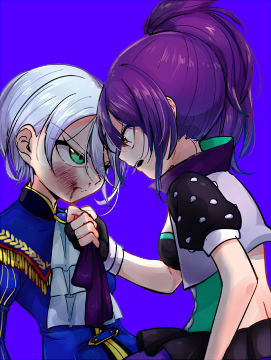 2girls angry ascot black_gloves blue_background blue_jacket fingerless_gloves gloves gradient_background green_eyes hair_between_eyes injury jacket long_hair midriff multiple_girls open_mouth ponytail pretty_series pripara purple_hair reverse_trap shikyoin_hibiki short_hair short_sleeves toudou_shion upper_body white_ascot white_hair xxogorexx