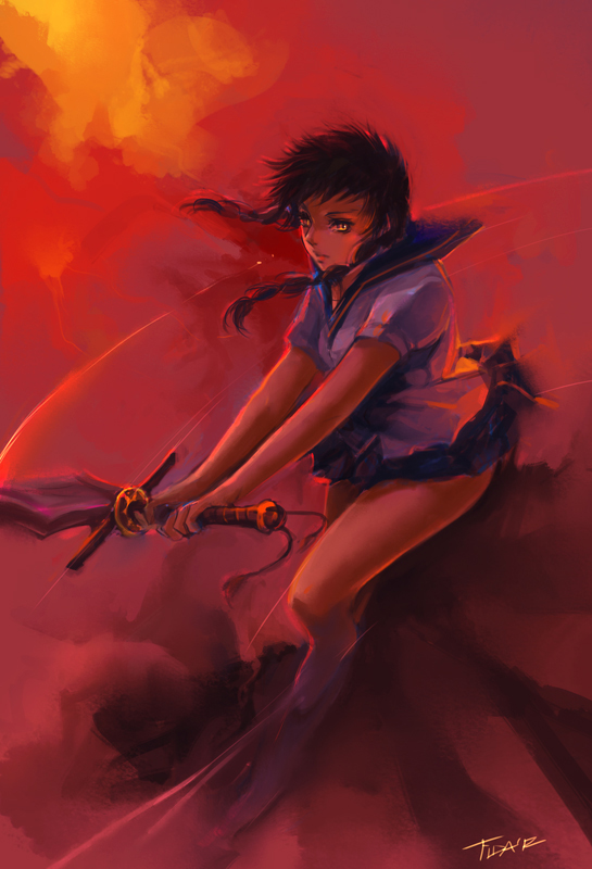 00s 1girl lilaccu minagi_mikoto my-hime red_theme school_uniform serafuku short_hair short_sleeves signature sword twintails weapon yellow_eyes