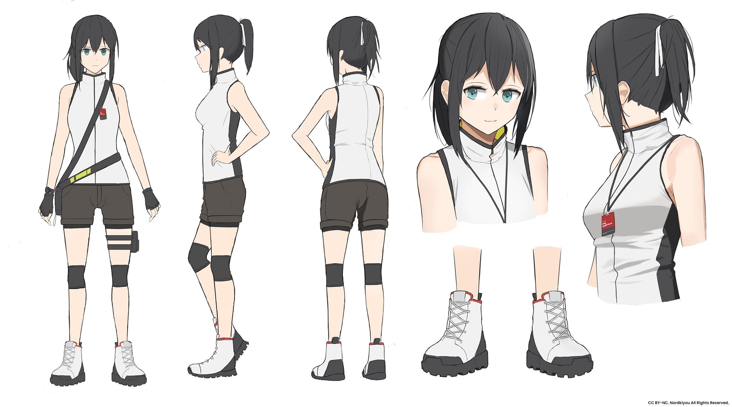 1girl bag bare_arms bare_shoulders bike_shorts black_gloves black_hair black_trim brown_shorts reference_sheet closed_mouth commentary_request cropped_torso english_text fingerless_gloves from_behind from_side full_body gloves green_eyes hair_between_eyes hair_ribbon high_heel_sneakers high_tops highres id_card knee_pads medium_hair multiple_views no_socks northkiyou original ponytail portrait ribbon shirt shoes short_ponytail shorts shoulder_bag sidelocks signature sleeveless sleeveless_shirt sneakers socks standing two-tone_shirt white_background white_footwear white_ribbon white_shirt white_socks zipper