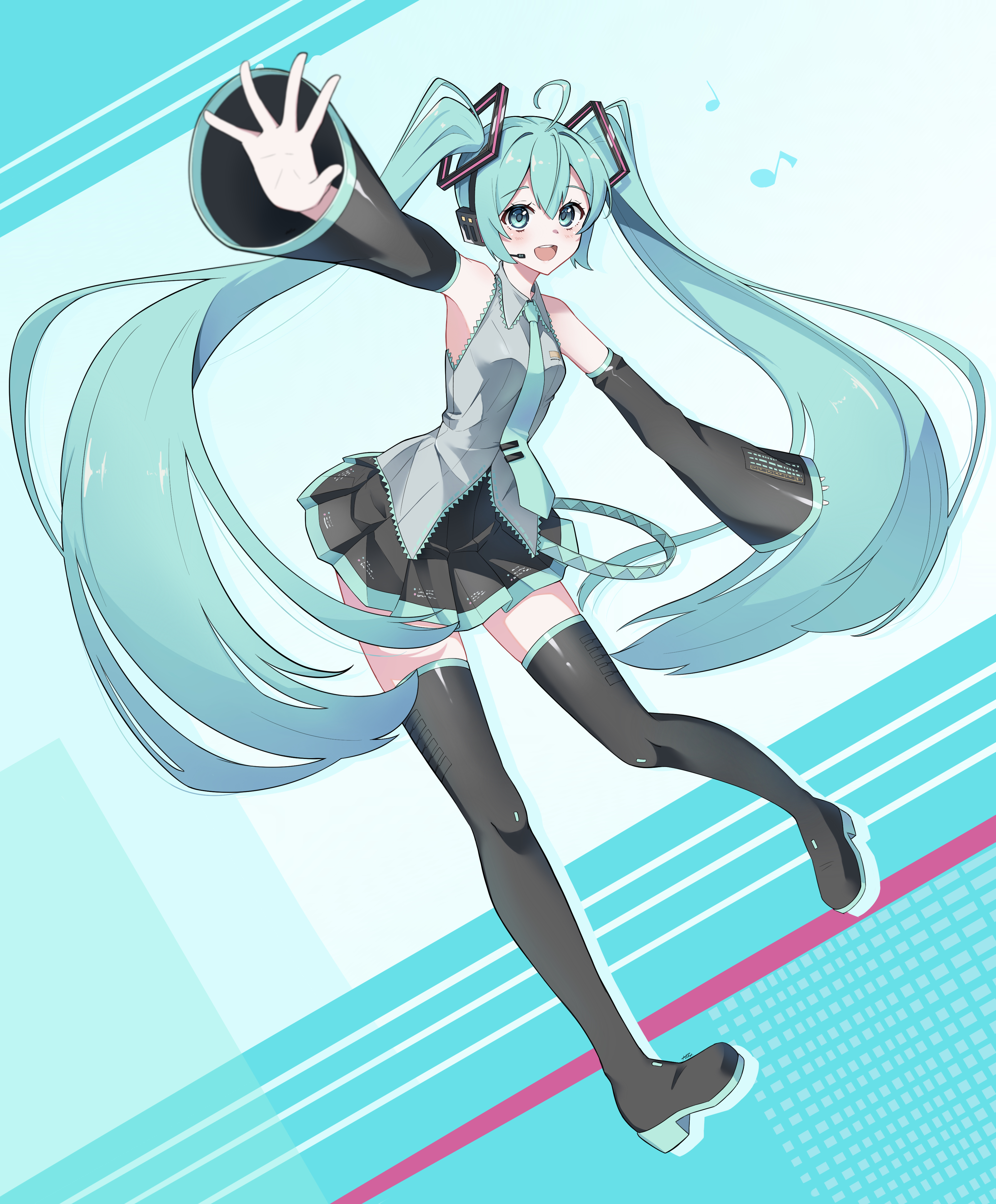 1girl :d absurdres ahoge aqua_eyes aqua_hair aqua_nails aqua_necktie bare_shoulders black_skirt black_sleeves blue_eyes blue_hair boots collared_shirt detached_sleeves eighth_note full_body grey_shirt hair_between_eyes hatsune_miku headphones headset highres long_hair long_sleeves musical_note necktie open_mouth outstretched_arms pleated_skirt procrastinator39 quarter_note shirt skirt sleeveless sleeveless_shirt smile solo teeth thigh_boots twintails upper_teeth_only very_long_hair vocaloid