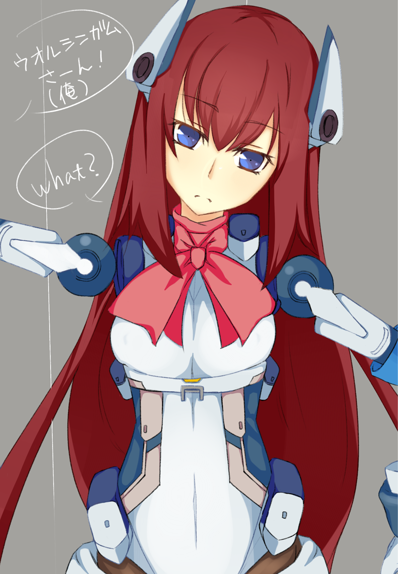 1girl blue_eyes bodysuit chocolat_le_ours close-up f_walsingham female_focus hair_ornament himeno kyoukaisenjou_no_horizon prosthesis puppet puppet_strings red_hair solo translation_request
