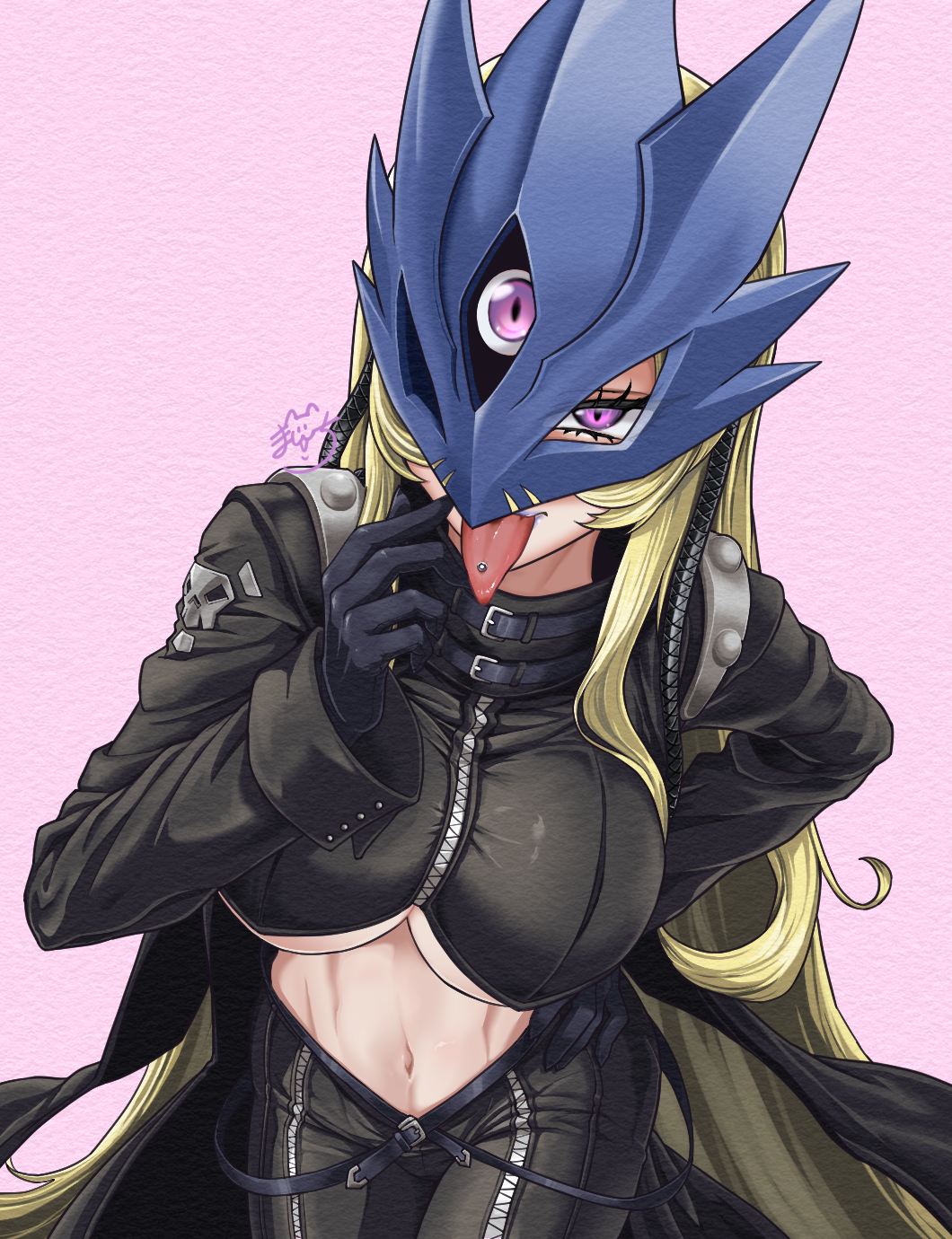 1girl beelstarmon belt belt_collar black_belt black_coat black_gloves black_mask black_pants black_shirt black_vest blonde_hair breasts coat collar commentary_request cowboy_shot crop_top cropped_vest digimon digimon_(creature) eye_mask gloves hand_on_own_hip hand_up highres large_breasts leather leather_pants long_hair long_tongue looking_at_viewer manchi_kansuke mask midriff navel open_clothes open_coat pants piercing pink_background purple_background purple_eyes purple_lips revealing_clothes shirt sidelocks signature simple_background solo standing stomach third_eye tight_clothes tight_pants toned toned_female tongue tongue_out tongue_piercing underboob very_long_hair vest zipper
