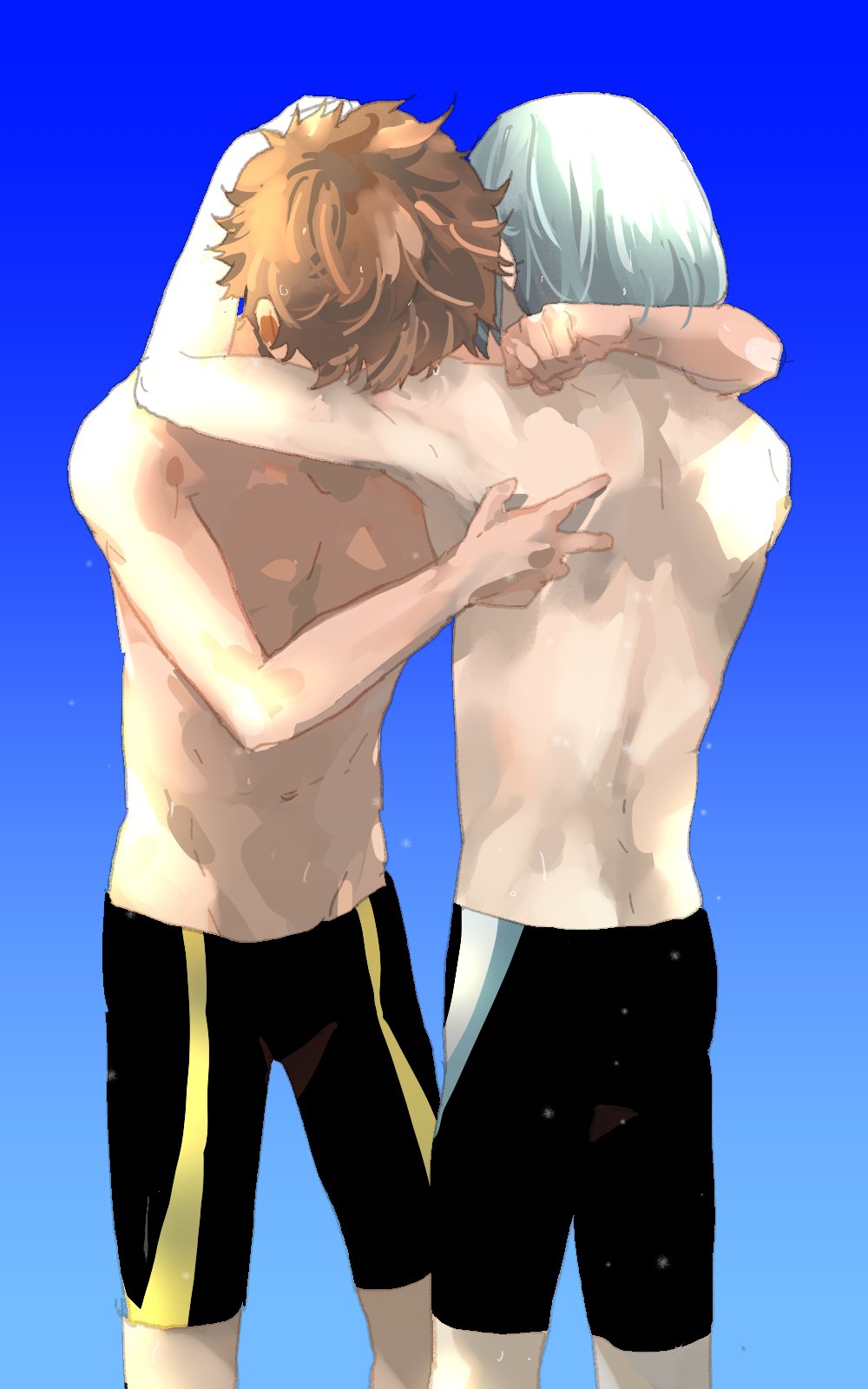 2boys bad_link black_jammers black_male_swimwear brown_hair high_speed! highres hug jammers kirishima_natsuya male_focus male_swimwear multiple_boys purple_hair serizawa_nao short_hair simple_background swimsuit topless_male yamano