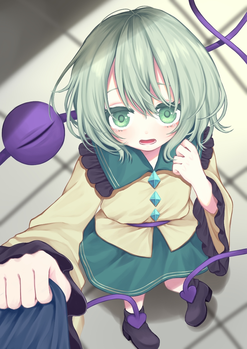 1girl 1other ankle_boots black_boots blouse boots buttons clothes_grab commentary_request diamond_button frilled_shirt_collar frilled_sleeves frills from_above full_body green_eyes green_hair green_skirt hair_between_eyes komeiji_koishi long_sleeves looking_at_viewer no_headwear open_mouth pov rnkgmn shirt short_hair skirt solo_focus standing tearing_up third_eye touhou wide_sleeves yellow_shirt