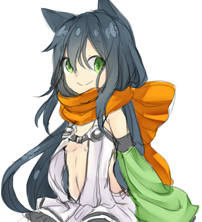 1girl alchemist_(ragnarok_online) alternate_color black_hair breasts closed_mouth commentary_request detached_sleeves dress green_eyes green_sleeves hair_between_eyes long_hair looking_at_viewer meiko_(nattu303) navel orange_scarf plunging_neckline ragnarok_online scarf simple_background sleeveless sleeveless_dress small_breasts smile solo upper_body white_background white_dress