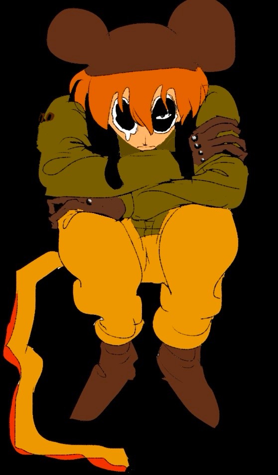 1boy animal_hat black_background black_eyes black_vest boots commentary_request derivative_work full_body green_jacket hat jacket knees_up looking_at_viewer male_focus mouse_hat oddo_(user_yrfn7475) orange_hair present_day_problem_takeuchi_robert randal&#039;s_friends short_hair simple_background sitting solo teardrop vest