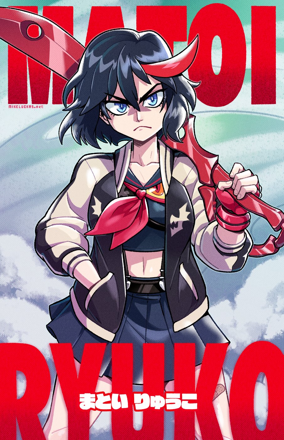 1girl belt black_belt black_hair black_jacket black_serafuku black_skirt blue_eyes character_name cowboy_shot datskelebutt frown gloves hand_in_pocket head_tilt highres jacket kill_la_kill looking_at_viewer matoi_ryuuko mike_luckas miniskirt multicolored_hair navel open_clothes open_jacket outdoors over_shoulder red_gloves red_hair school_uniform scissor_blade_(kill_la_kill) serafuku short_hair skirt smoke streaked_hair weapon weapon_over_shoulder