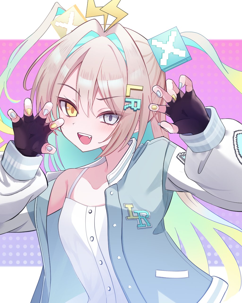 1girl antenna_hair aqua_hair blonde_hair claw_pose colored_inner_hair cube_hair_ornament dress fang grey_eyes hair_ornament heterochromia highres jacket letter_hair_ornament letterman_jacket leur_(voisona) lightning_ahoge multicolored_hair nail_polish slit_pupils sundress two-tone_hair two_side_up user_tpsy4455 voisona yellow_eyes