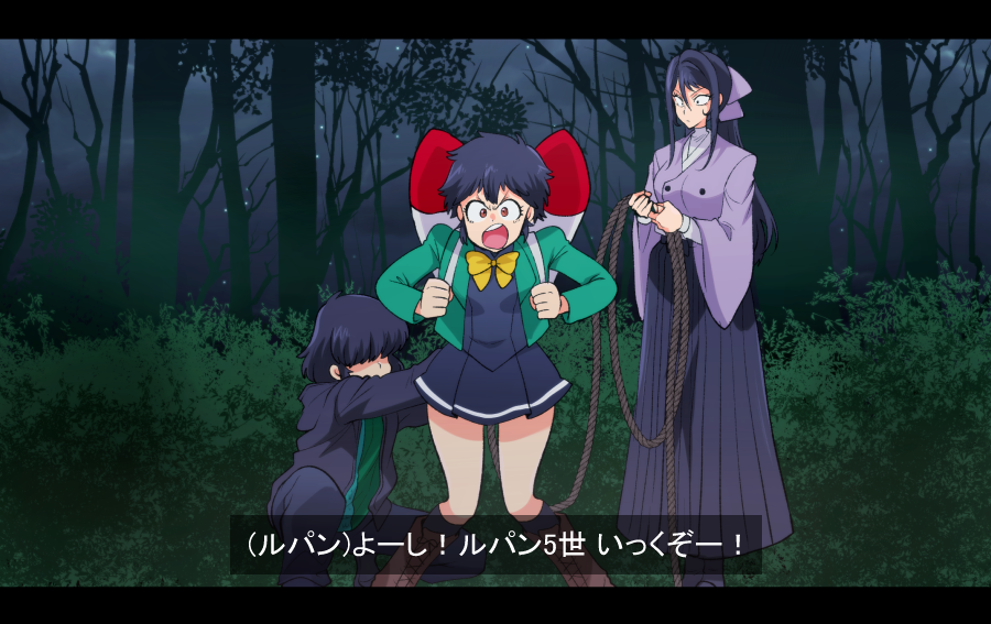 3girls black_hair boots bow bowtie grandaughter_of_goemon grandaughter_of_jigen grandaughter_of_lupin_iii green_jacket hair_bow hair_over_eyes hakama hakama_skirt hood hooded_jacket jacket japanese_clothes long_hair long_skirt lupin_iii marimo_(yousei_ranbu) medium_hair multiple_girls no_socks pants petals ponytail ribbon rocket rope school_uniform shirt short_hair skirt socks translation_request wide_sleeves