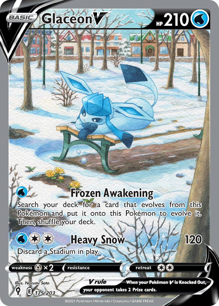 animal_focus artist_name bare_tree blue_sclera building card_(medium) character_name closed_mouth colored_sclera company_name copyright_name copyright_notice english_text flower gen_4_pokemon glaceon lamppost lying nintendo no_humans official_art on_bench on_stomach outdoors pokemon pokemon_(creature) pokemon_card pokemon_focus pokemon_tcg satou_narumi smile snow solo third-party_source trading_card tree white_eyes yellow_flower